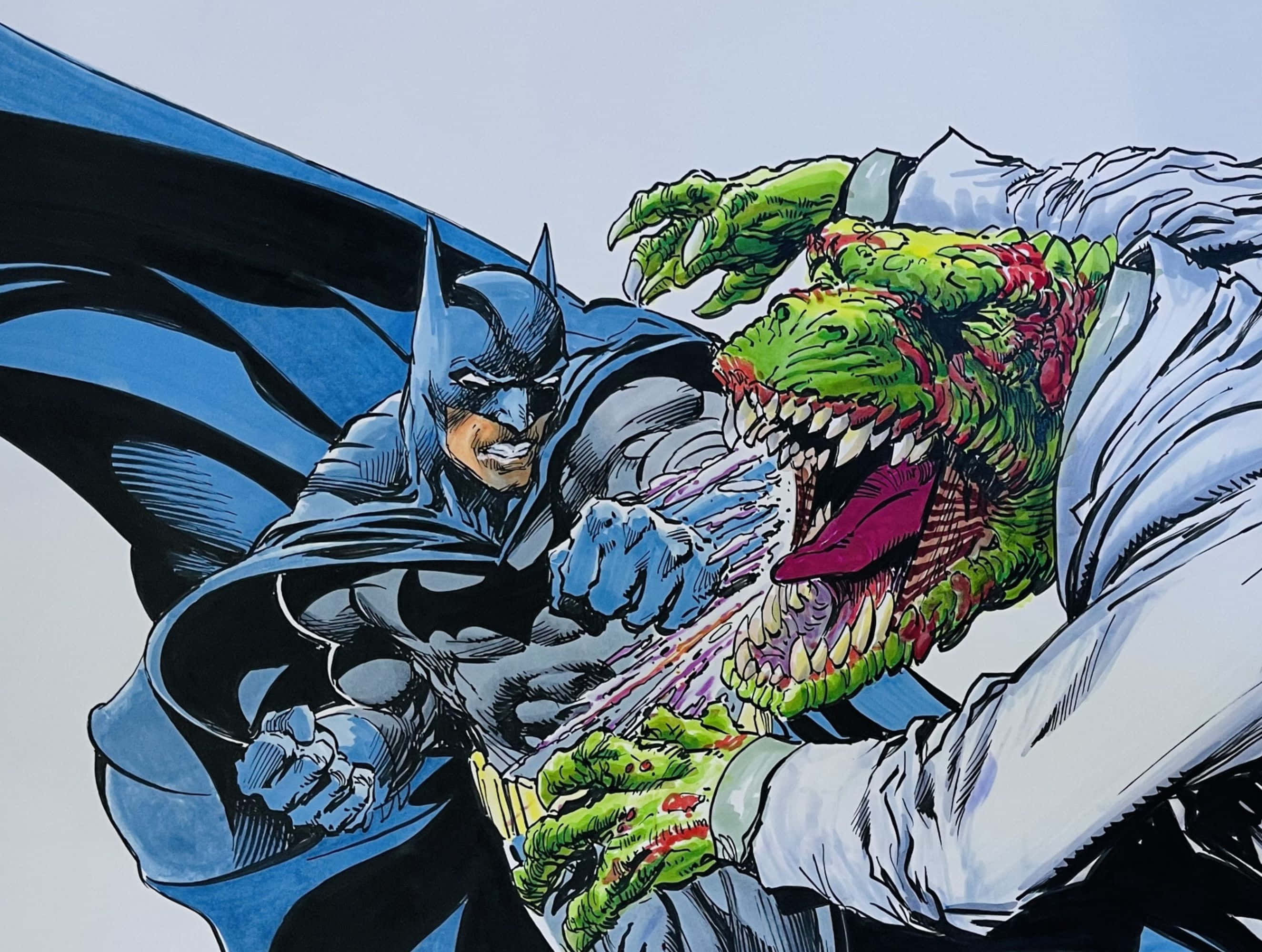 Killer Croc 桌布 壁紙 — 蝙蝠俠在動態漫畫插圖中向一個怪誕的綠色怪物揮出強力一拳。