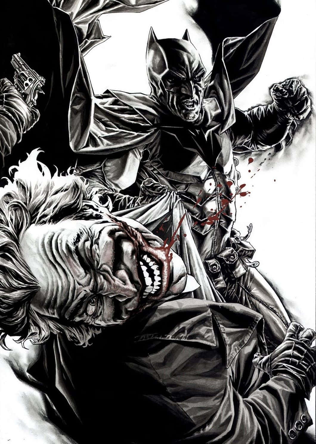 Joker Comic 桌布 壁紙 — 蝙蝠俠在動態黑白漫畫插圖中，對小丑的臉部進行猛烈一拳，鮮血在純白背景上飛濺。