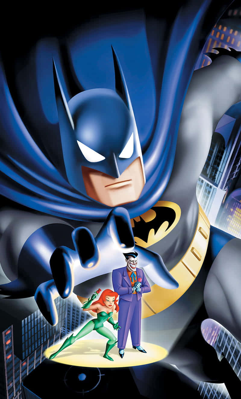 Batman Animated Adventures 桌布 壁紙 — 蝙蝠俠在城市景觀上空俯瞰，小丑和毒藤女站在下方，構成一個戲劇性的動畫場景。