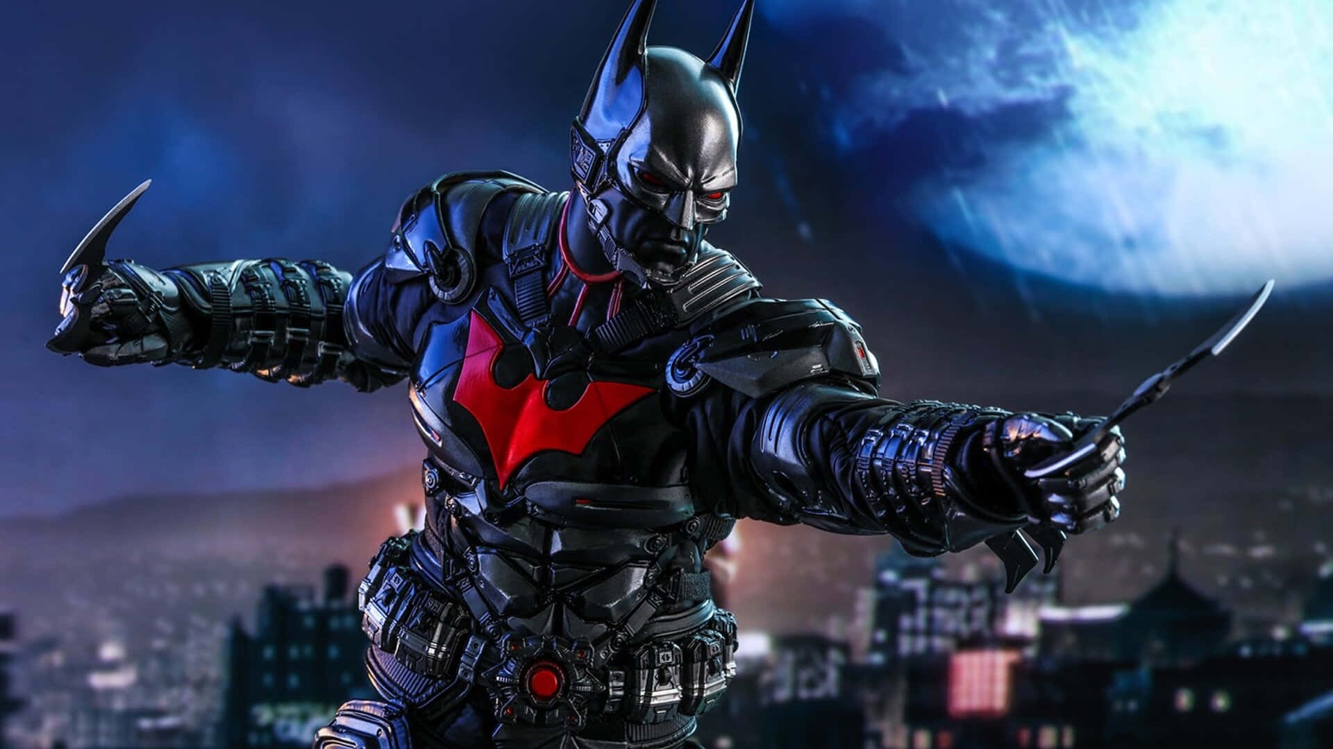 Superhero Video Games 桌布 壁紙 — 蝙蝠俠在夜晚的屋頂上擺好姿勢，手持抓鉤，背景是月光下的城市天際線。