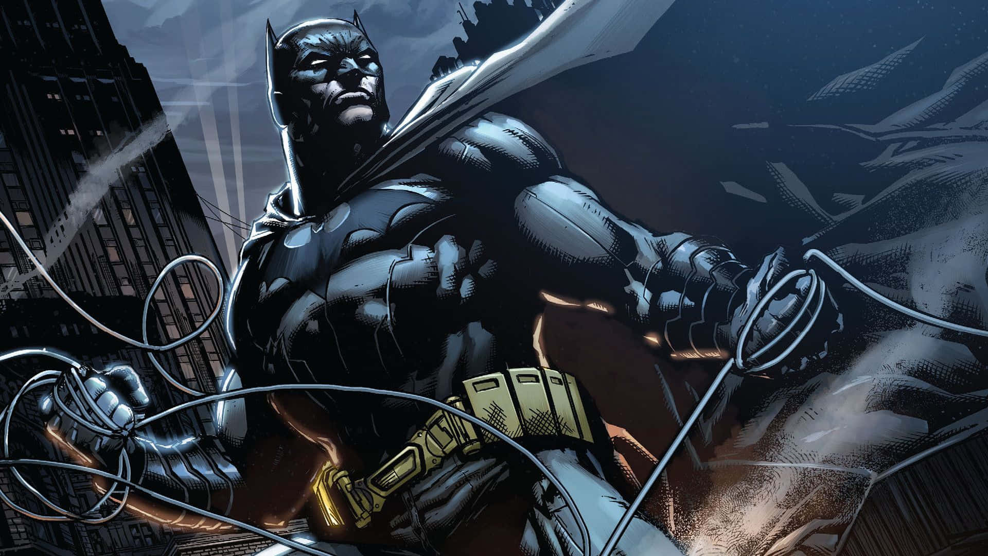 Batman Cartoon 桌布 壁紙 — 蝙蝠俠在夜晚的屋頂上站立，握著抓鉤繩索，背景是黑暗的城市天際線。
