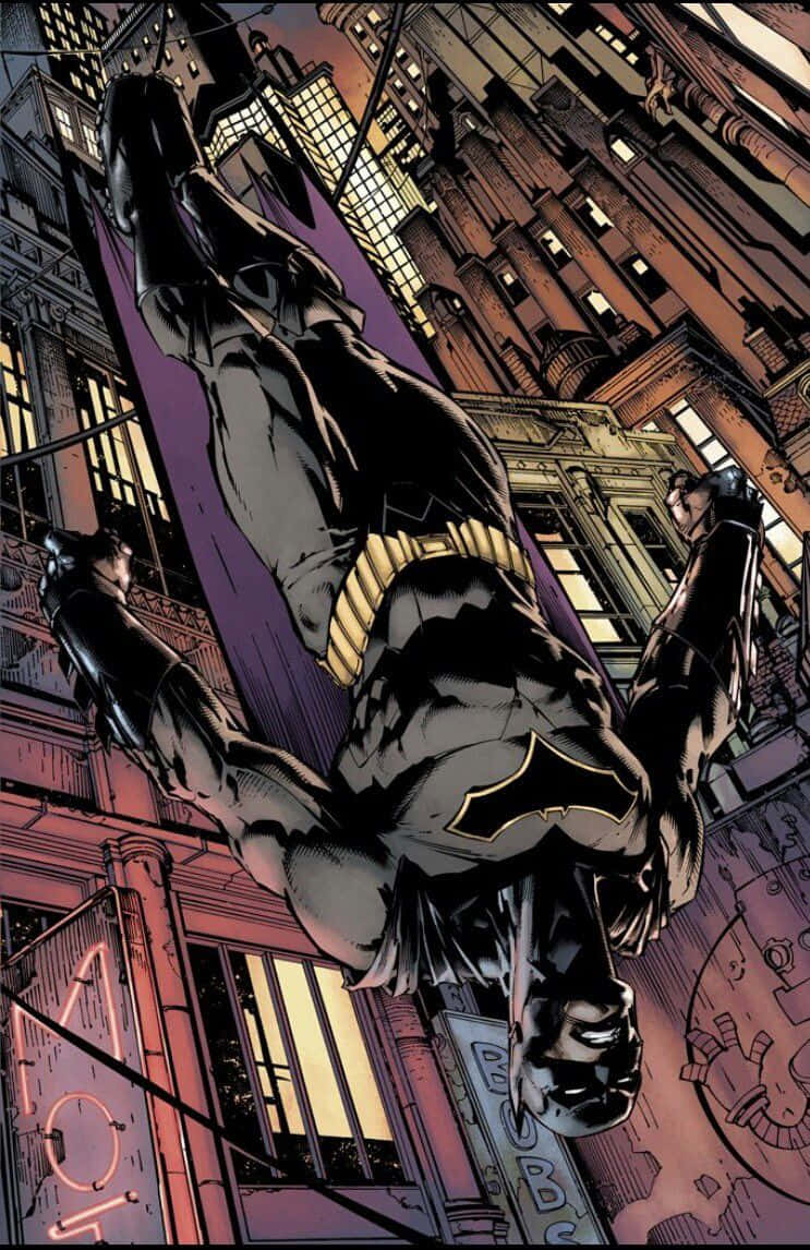 Batman Reborn 桌布 壁紙 — 蝙蝠俠在夜晚穿過霓虹燈照亮的高譚市天際線，披風在摩天大樓間飄揚。