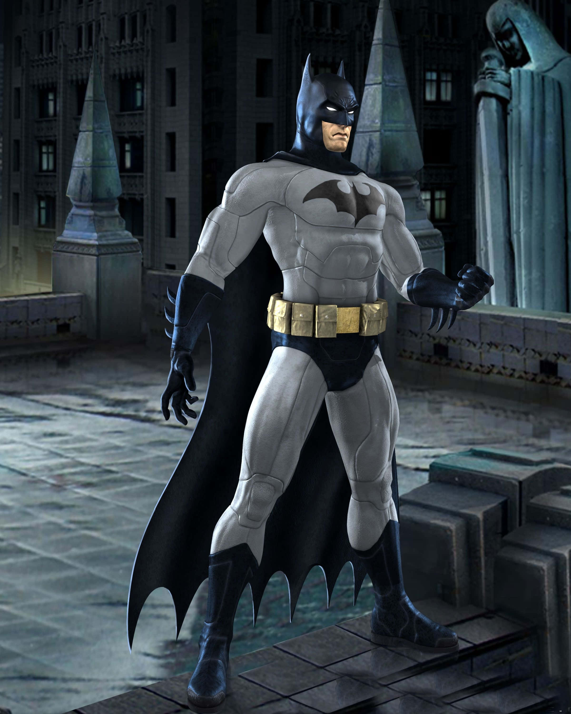 Batman Cartoon 桌布 壁紙 — 蝙蝠俠在夜間站在石屋頂上，呈現細緻的 3D 渲染高譚市景觀。
