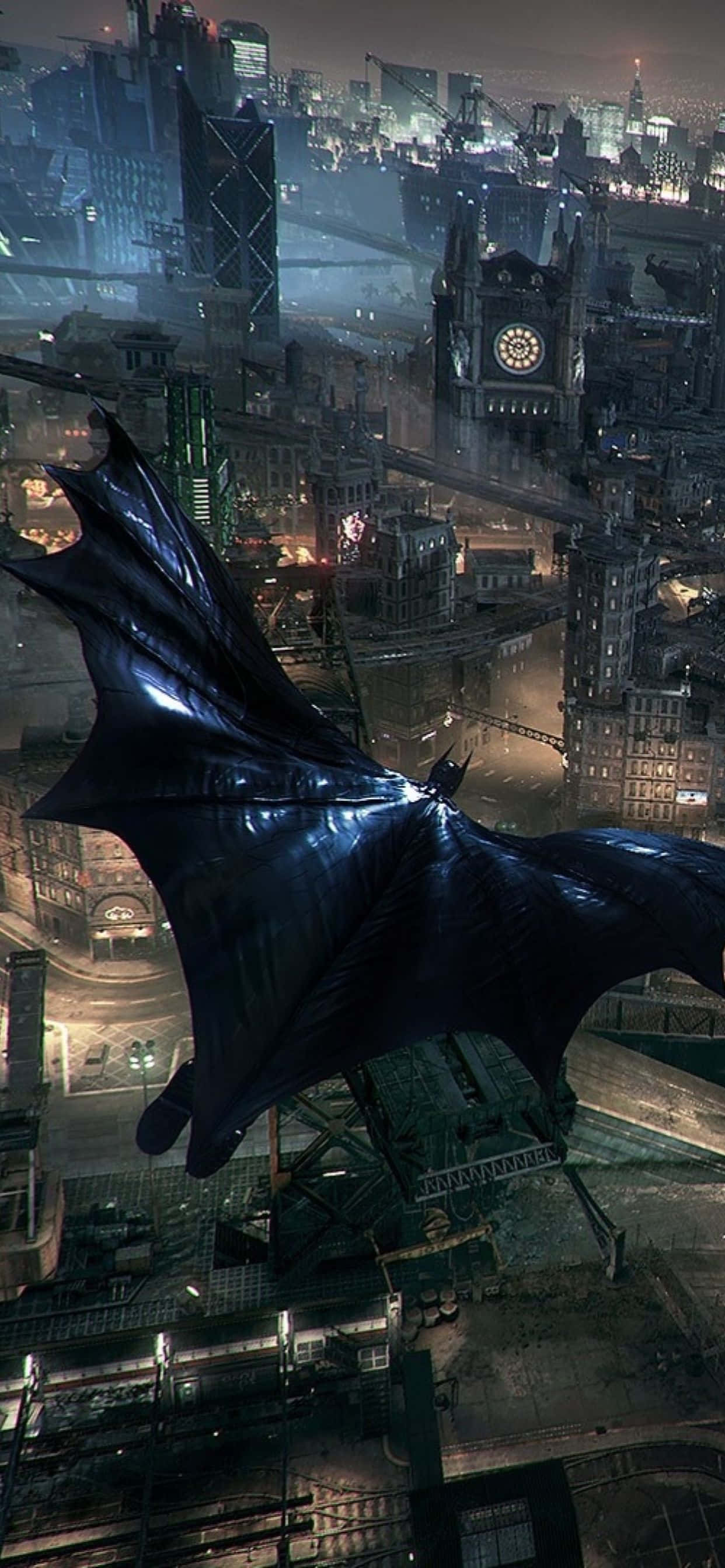 iPhone Xs Max Batman Arkham City 桌布 壁紙 — 蝙蝠俠在夜間飛越被雨水浸濕的高譚市天際線，發光的霓虹燈在潮濕的街道上反射。