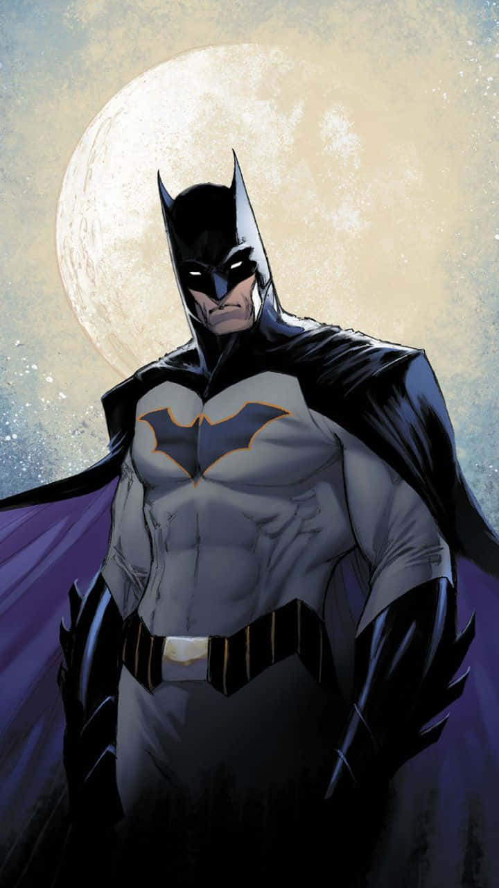 Batman Reborn 桌布 壁紙 — 蝙蝠俠在巨大的滿月下英勇地站立，目光嚴峻，披風在夜空中飄揚。