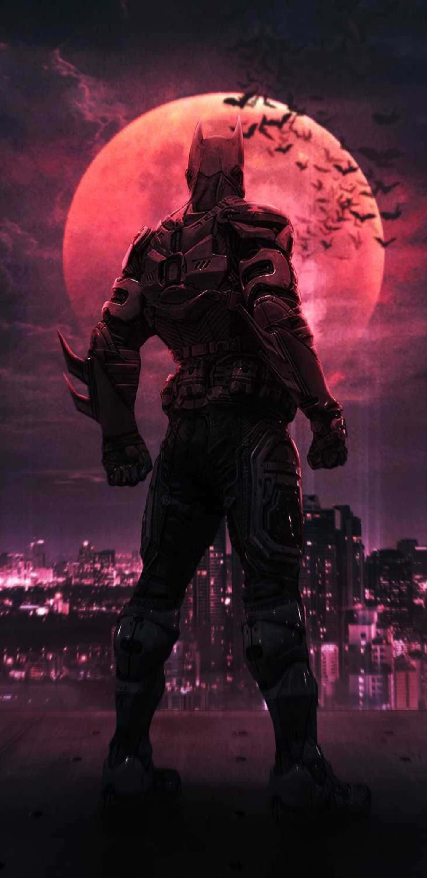 Pixel 3xl Batman Arkham City 桌布 壁紙 — 蝙蝠俠在巨大的紅月亮襯托下形成剪影，蝙蝠在發光的城市景觀上空飛翔。