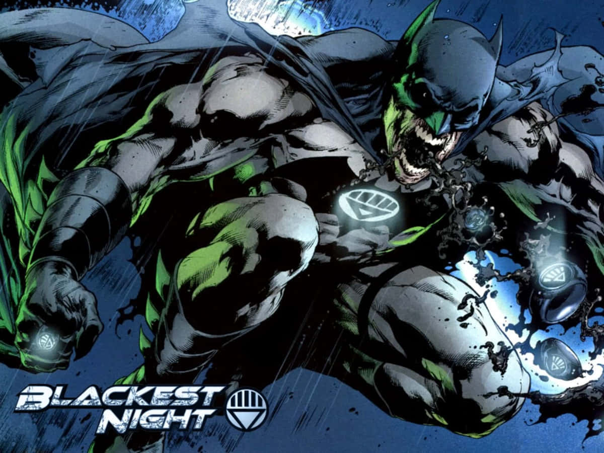 Blackest Night 桌布 壁紙 — 蝙蝠俠在帶有綠色怒氣中向前猛衝，發光的燈籠符號在他周圍飛舞，背景是黑暗的暴風雨。