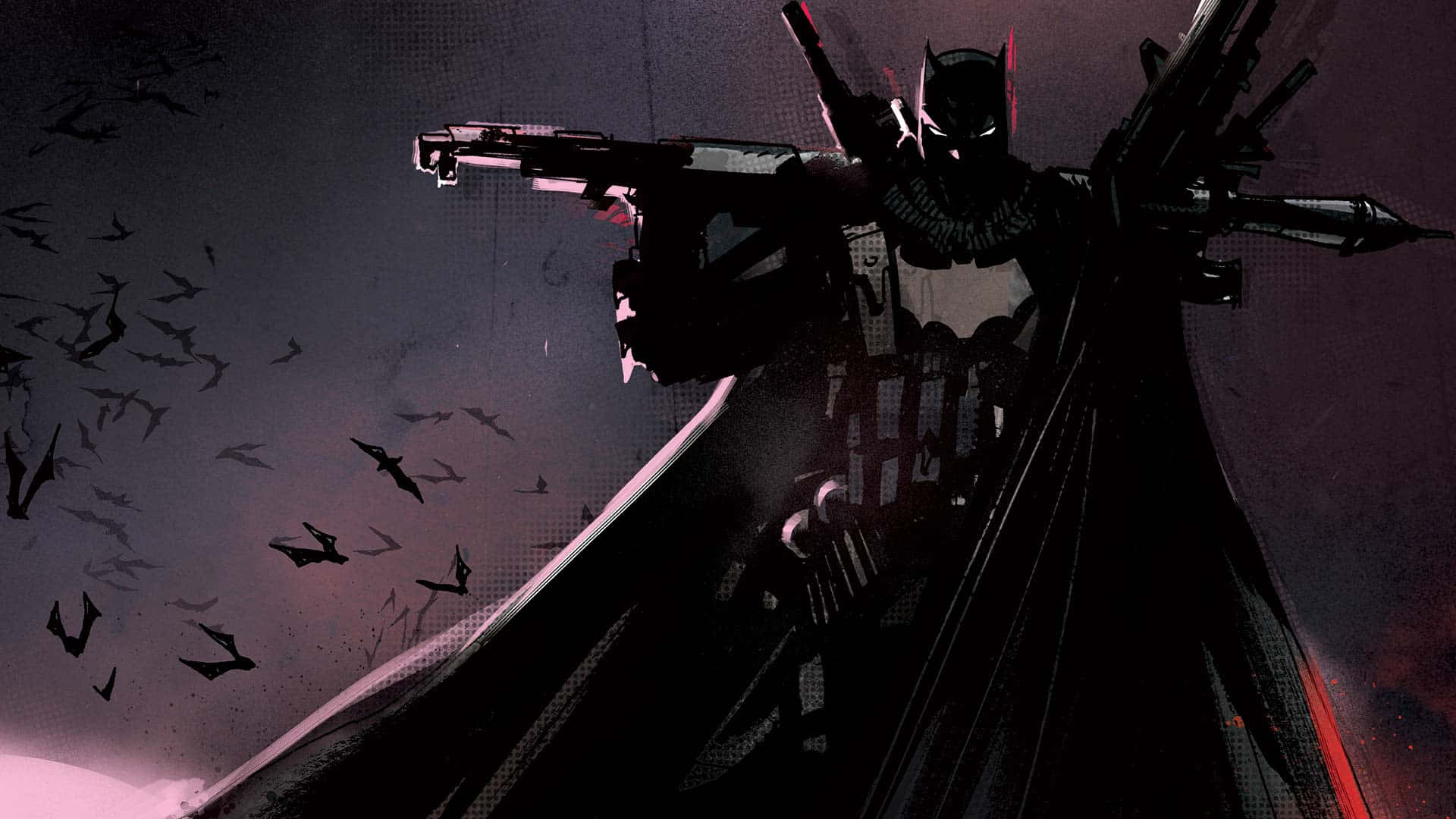 The Batman Who Laughs 桌布 壁紙 — 蝙蝠俠在昏暗的天空下以剪影站立，蝙蝠在他周圍盤旋，營造出黑暗的電影場景。