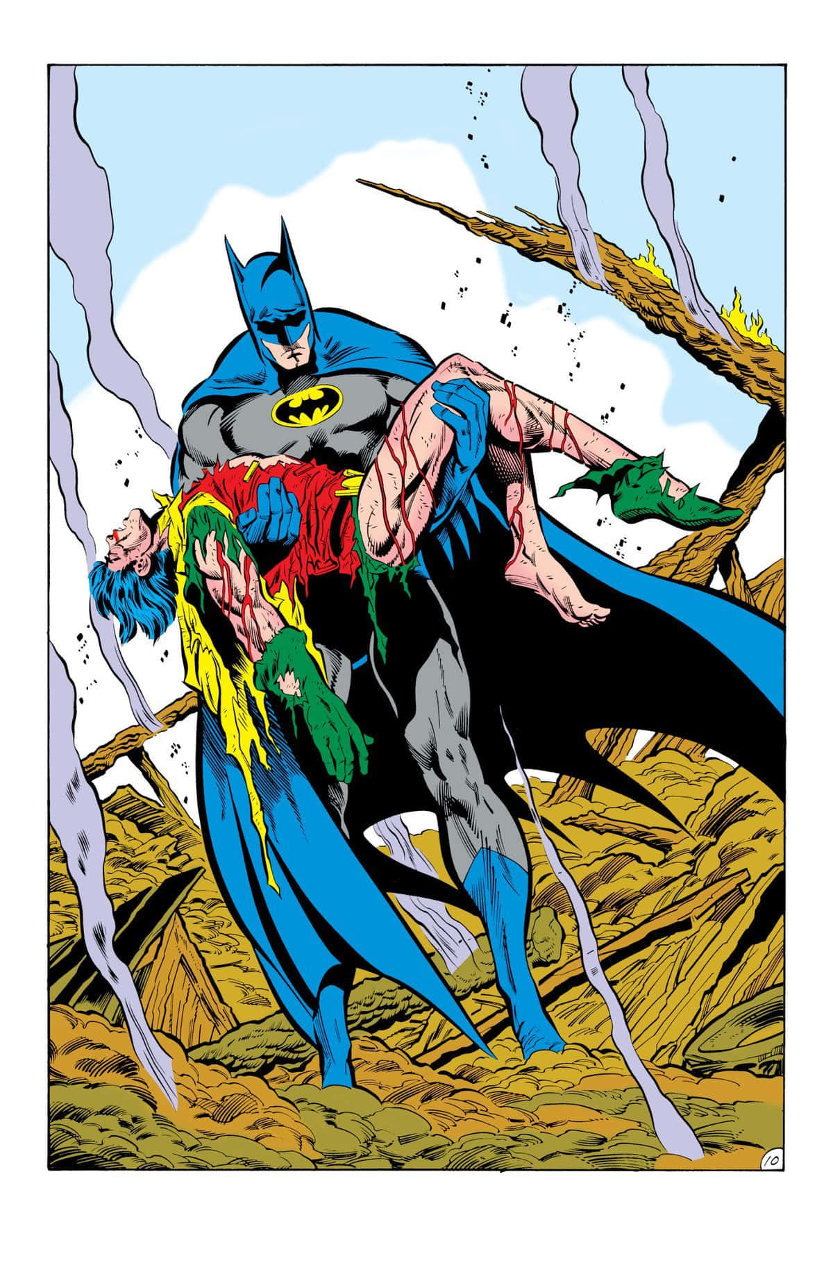 Batman Death In The Family 桌布 壁紙 — 蝙蝠俠在晴朗的天空下，穿過岩石密佈、煙霧瀰漫的地形，抱著受傷的羅賓。