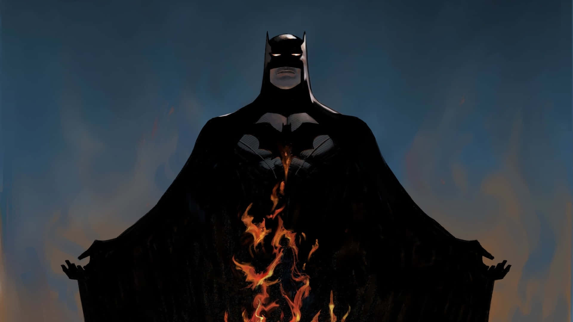 1920 X 1080 Batman 桌布 壁紙 — 蝙蝠俠在暮色天空的襯托下，以剪影姿態高聳站立，胸口噴出火焰，構成戲劇性的數位藝術場景。