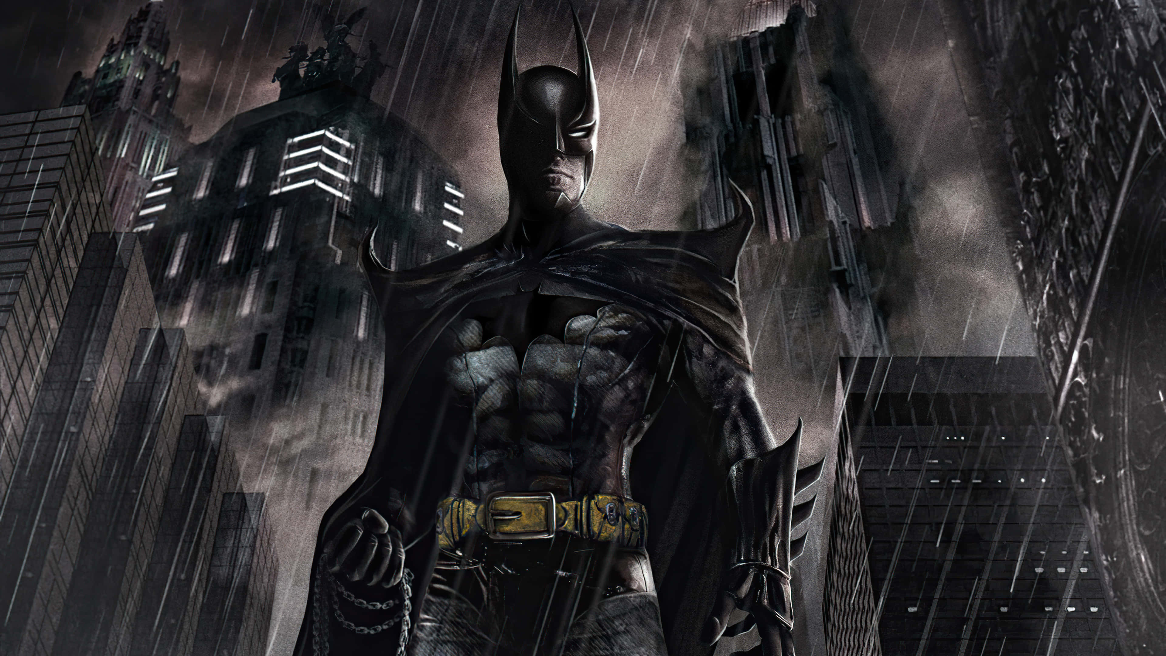 Awesome Batman 桌布 壁紙 — 蝙蝠俠在暴雨夜空的哥譚市景觀中堅定站立，身後是高聳的摩天大樓。