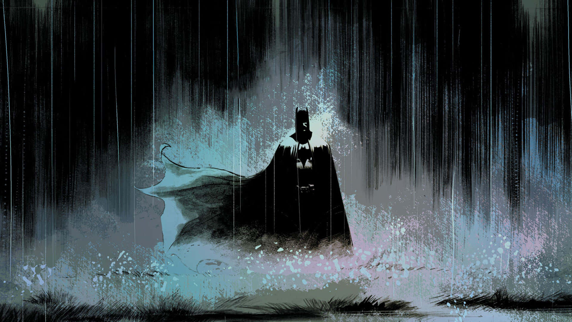 1920 X 1080 Batman 桌布 壁紙 — 蝙蝠俠在暴風雨中呈現剪影，斗篷在黑暗陰鬱的背景中飄揚。