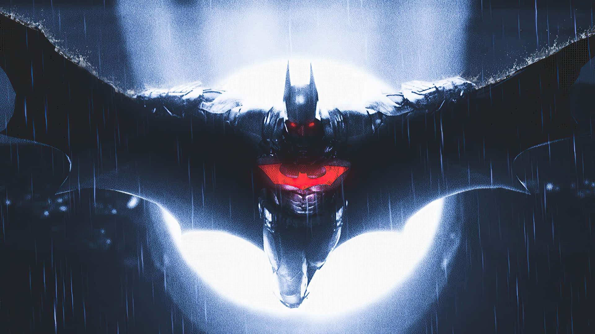 Cool Batman 桌布 壁紙 — 蝙蝠俠在暴風雨中翱翔，雙眼發出紅光，明亮的蝙蝠標誌映襯著黑暗的城市背景。
