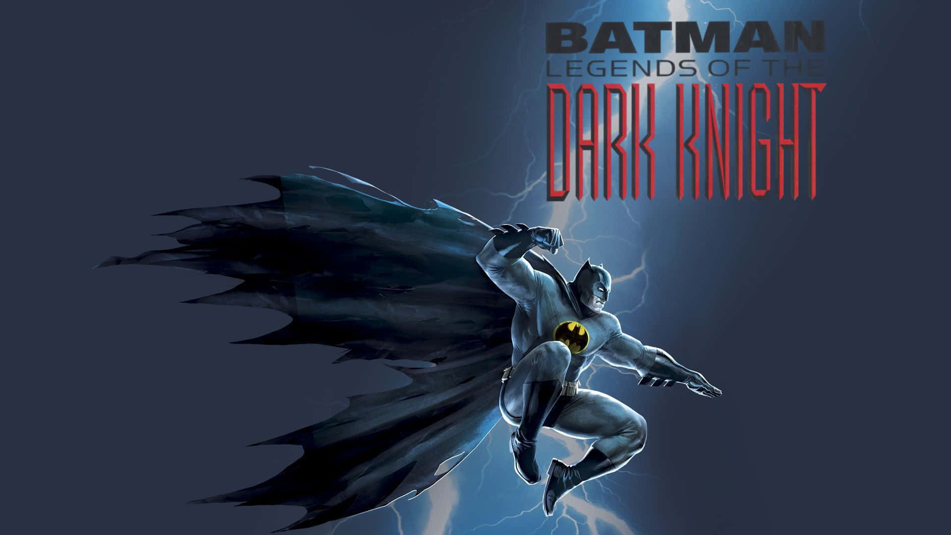 Legends Of The Dark Knight 桌布 壁紙 — 蝙蝠俠在暴風雨的夜空中翱翔，斗篷隨風飄揚，身後閃電劃破天際。