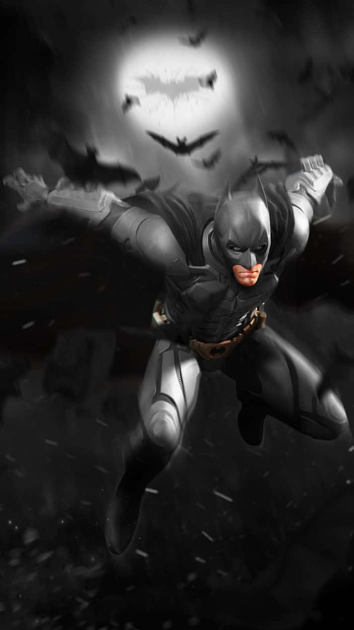 Batman Arkham Knight 桌布 壁紙 — 蝙蝠俠在暴風雨的夜空中翱翔，蝙蝠圍繞著發光的蝙蝠標誌月亮飛舞。