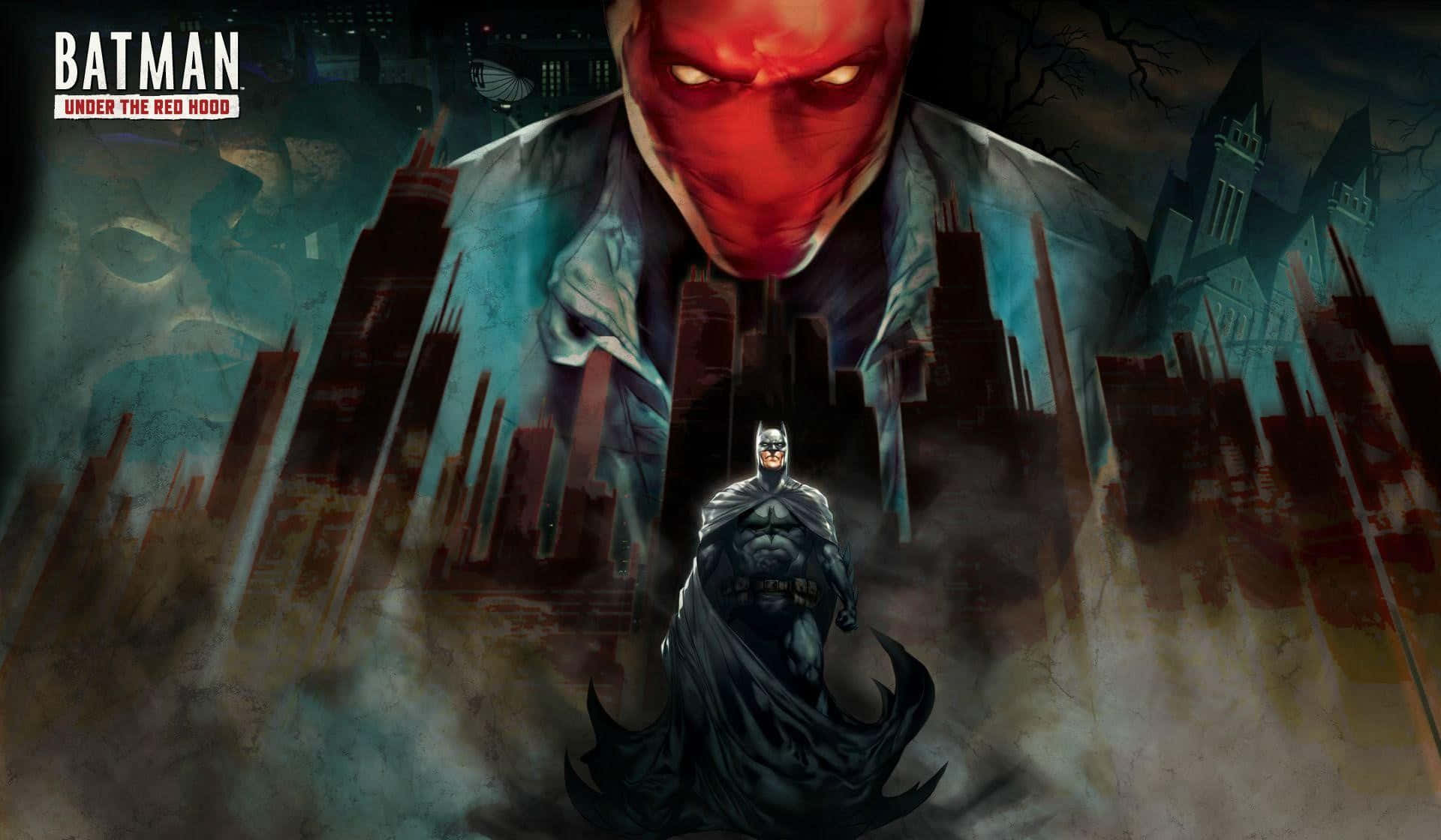 Batman Under The Red Hood 桌布 壁紙 — 蝙蝠俠在暴風雨的天空下，在黑暗的高譚市天際線前，挑釁地站在一個逼近的紅頭罩人物面前。