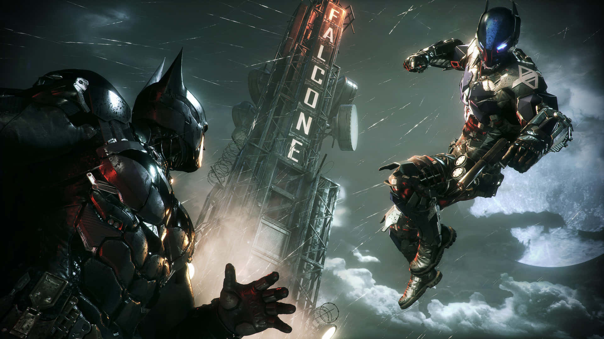 Superhero Video Games 桌布 壁紙 — 蝙蝠俠在暴風雨的天空下，背景是發光的「FALCONE」塔，與一名飛行裝甲惡棍對峙。