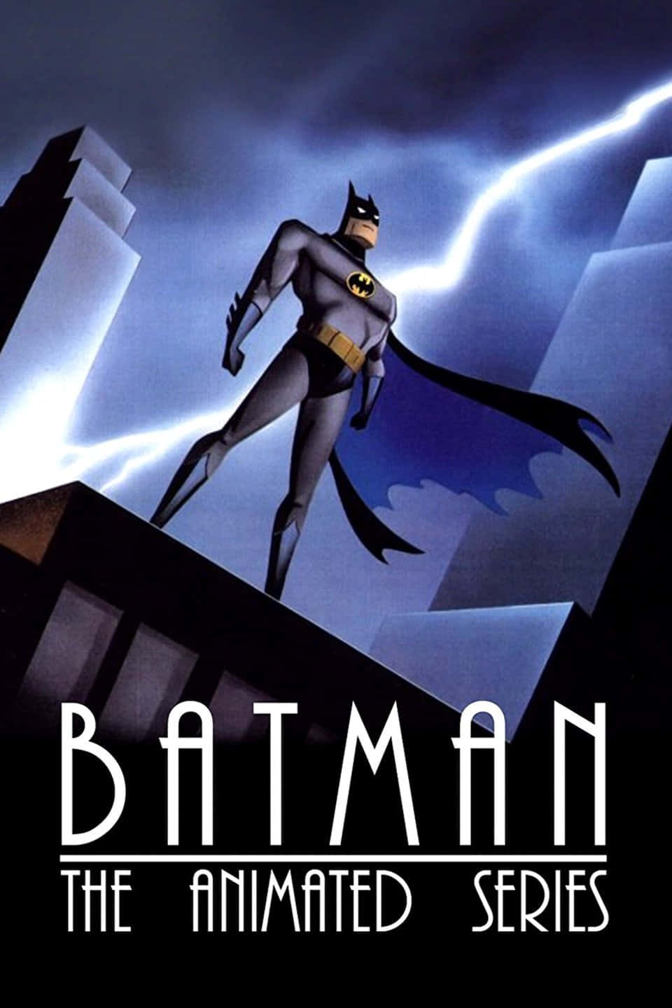 Batman Animated Adventures 桌布 壁紙 — 蝙蝠俠在暴風雨的天空下英勇地站在屋頂上，閃電照亮了他標誌性的戰衣。