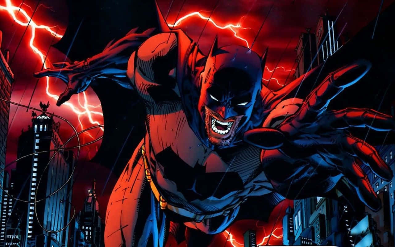 Batman Cartoon 桌布 壁紙 — 蝙蝠俠在暴風雨的高譚天空中翱翔，身後紅色閃電劈啪作響，雨水灑落在城市景觀上。