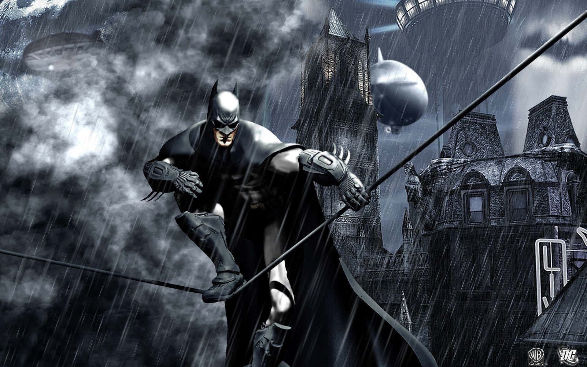 Batman Arkham Asylum 桌布 壁紙 — 蝙蝠俠在暴風雨的高譚市天際線中擺盪，雨水劃過他身後黑暗的哥德式建築。