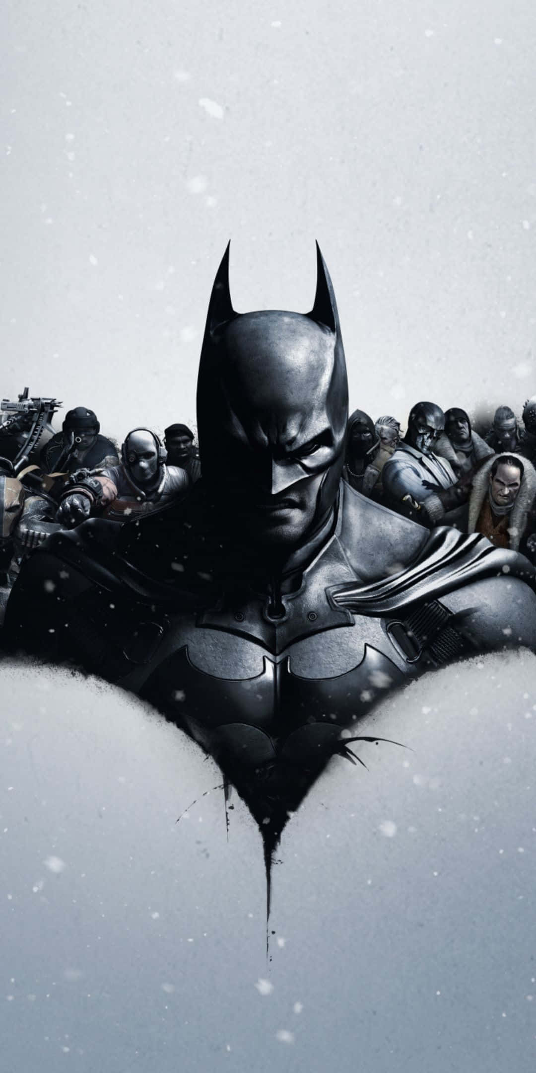 Batman Logo 桌布 壁紙 — 蝙蝠俠在暴風雪中堅定站立，背後是威脅性的反派大軍，在灰暗的黑白場景中若隱若現。