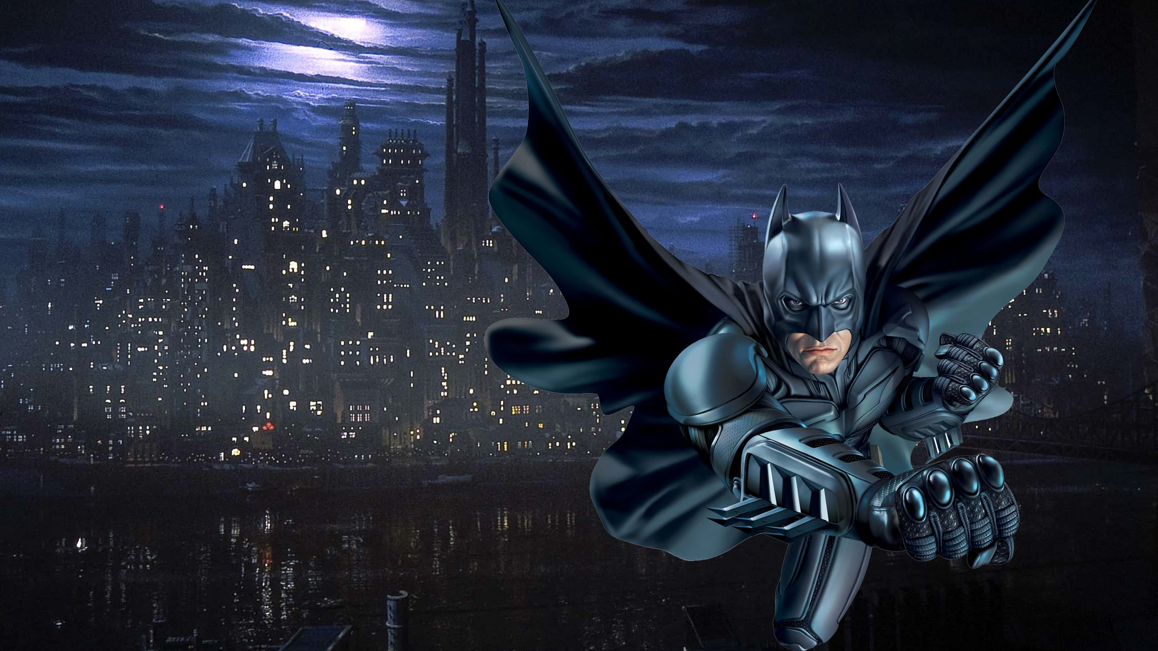 Batman City 桌布 壁紙 — 蝙蝠俠在月光照耀下的高譚市天際翱翔，斗篷在發光的摩天大樓背景下飄揚。
