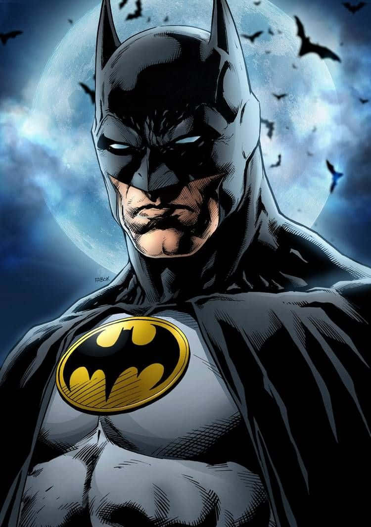 Awesome Batman 桌布 壁紙 — 蝙蝠俠在滿月背景下嚴肅站立，蝙蝠在深藍色夜空中圍繞他飛翔。
