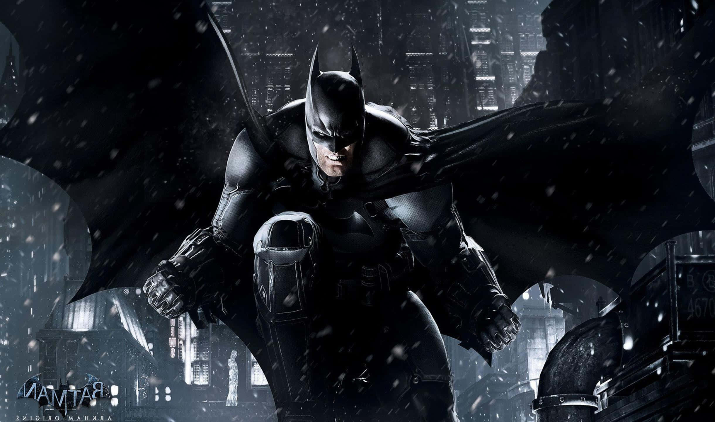 2440x1440 Batman Arkham City 桌布 壁紙 — 蝙蝠俠在濕漉漉的高譚市景觀中蓄勢待發，周圍飄落著雪花。