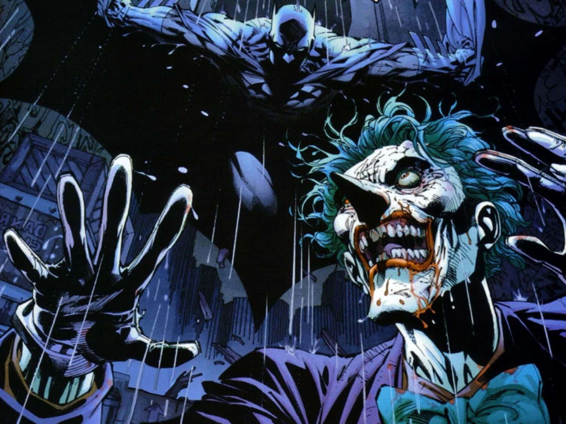 Batman Comics 桌布 壁紙 — 蝙蝠俠在濕透的高譚市小巷中居高臨下俯視尖叫的小丑，兩個角色都浸沒在深藍色調中。