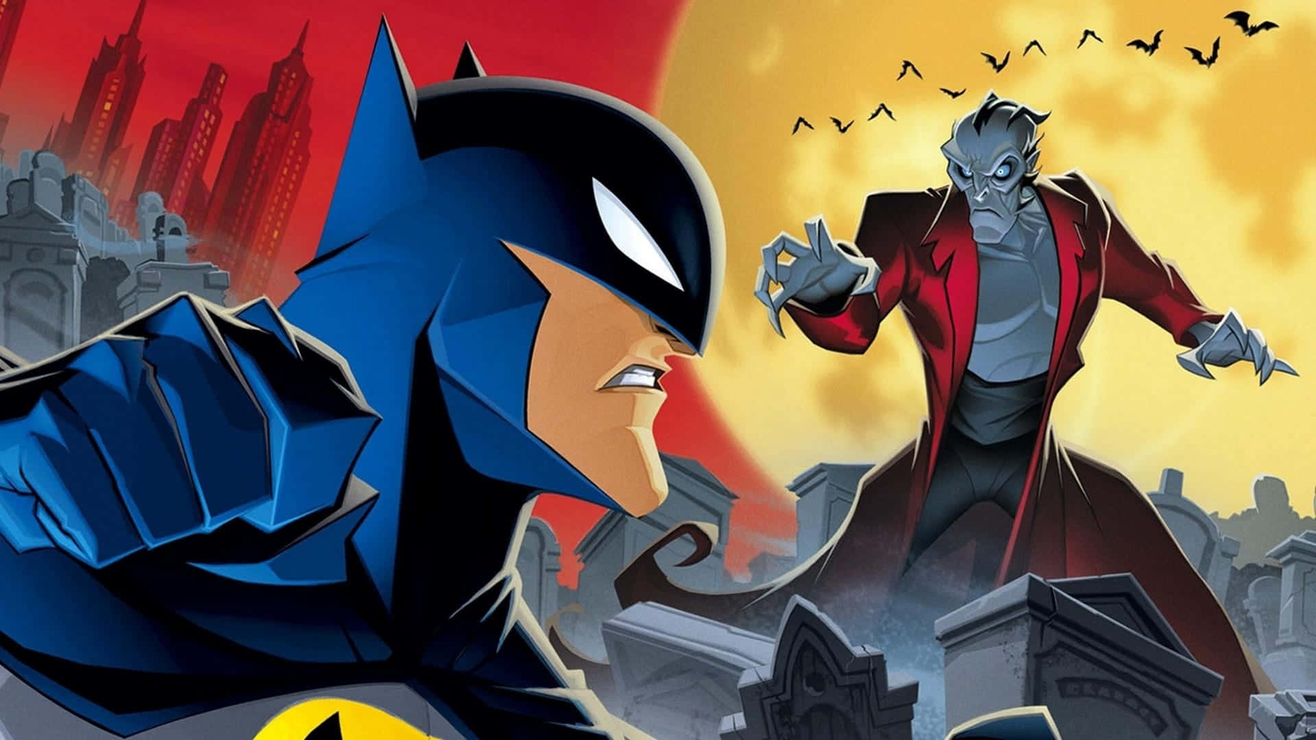 The Batman Vs Dracula 桌布 壁紙 — 蝙蝠俠在火熱的夕陽天空下，於戲劇性的城市墓地中與吸血鬼反派對峙。