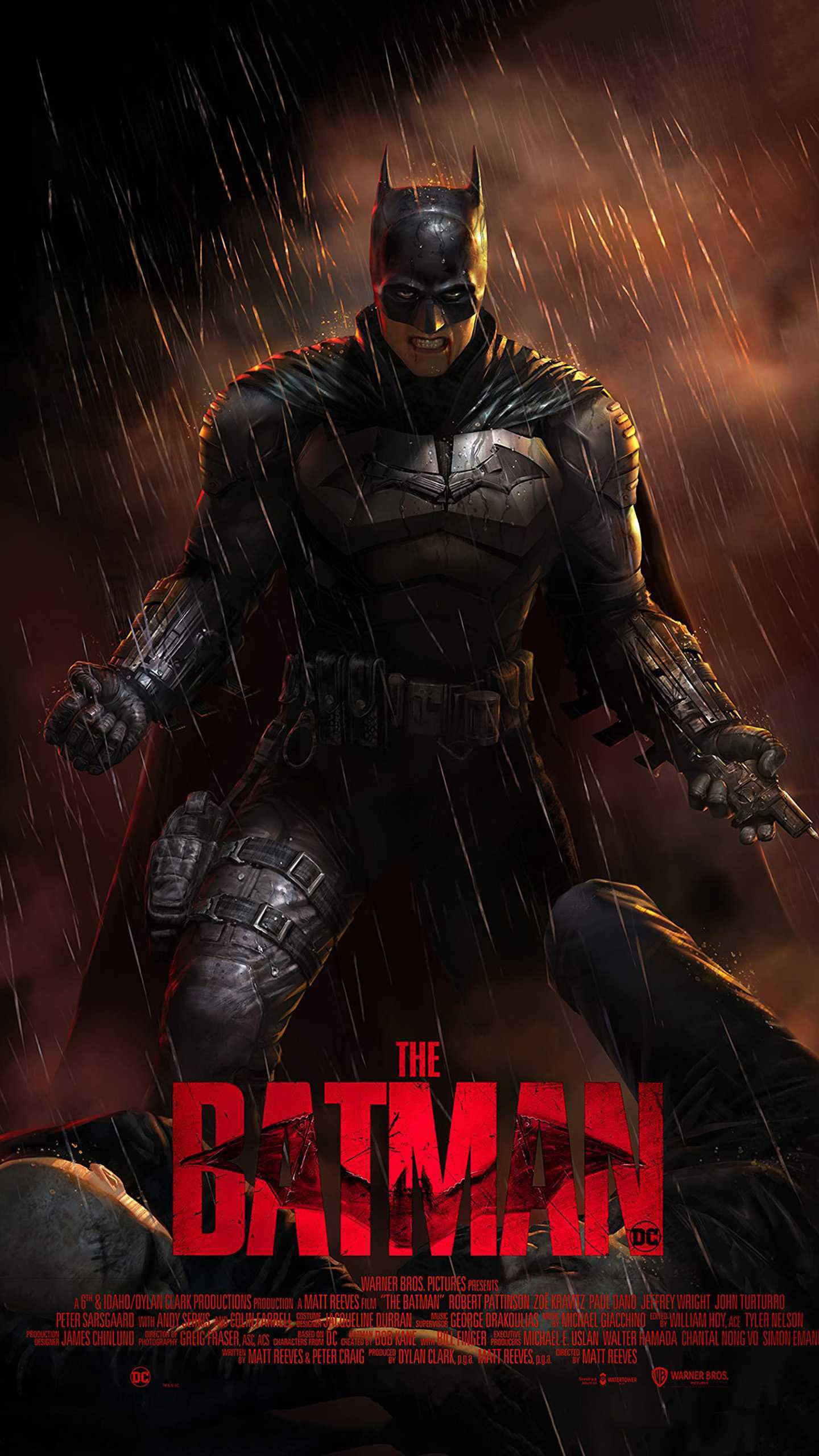 The Batman iPhone 桌布 壁紙 — 蝙蝠俠在火紅橙色的天空下，站在被雨水浸濕的城市小巷中，挑釁地站立著，他的裝甲服閃爍著決心。