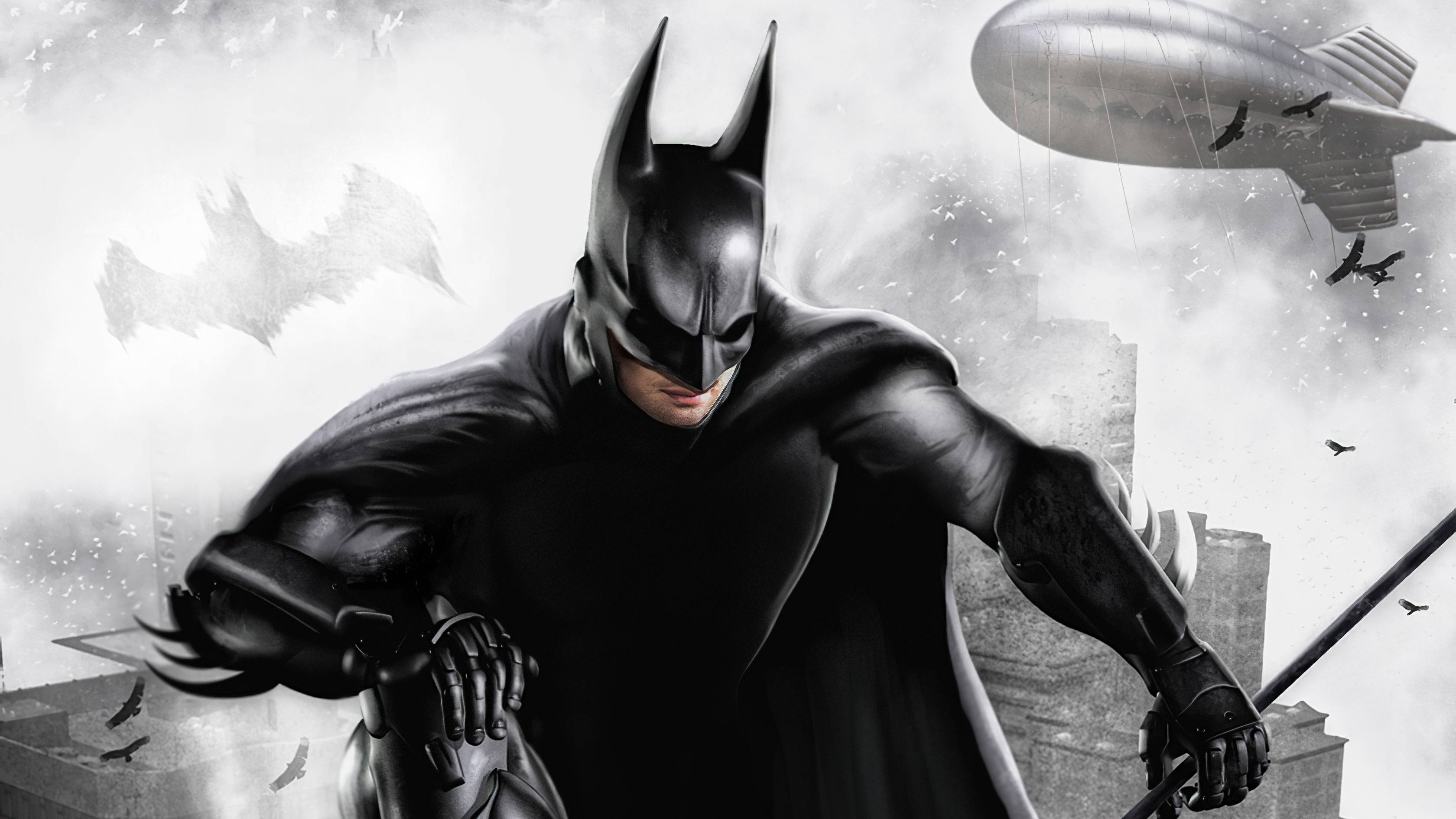 Batman Arkham City 桌布 壁紙 — 蝙蝠俠在灰暗單色的高譚市中擺好姿勢，飛船和蝙蝠在頭頂飛翔。