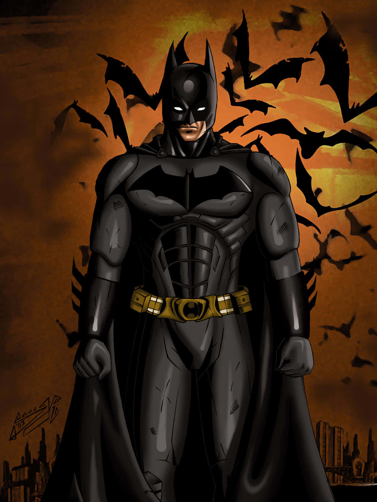 Batman Begins 桌布 壁紙 — 蝙蝠俠在熾熱的橙色天空下威嚴地站立，蝙蝠在他周圍盤旋，形成一幅戲劇性的漫畫插圖。