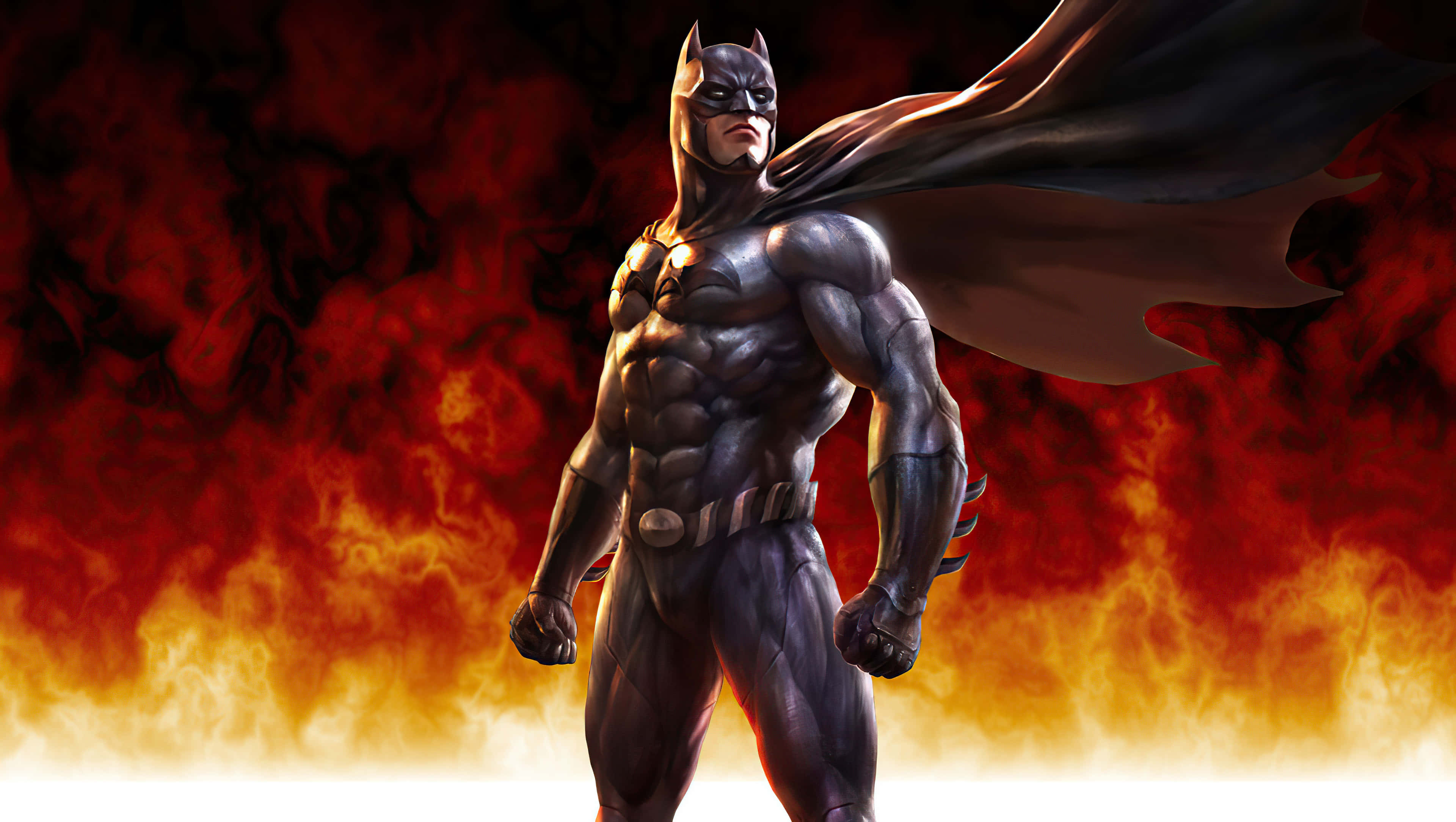 Awesome Batman 桌布 壁紙 — 蝙蝠俠在熾熱的紅色和橙色背景下強勢站立，斗篷飄揚。