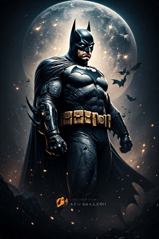 Dark Batman Symbolism Wallpaper 8K 壁紙 — 蝙蝠俠在發光的月亮下英勇地站立，蝙蝠在他周圍飛翔，構成一個黑暗的電影場景。