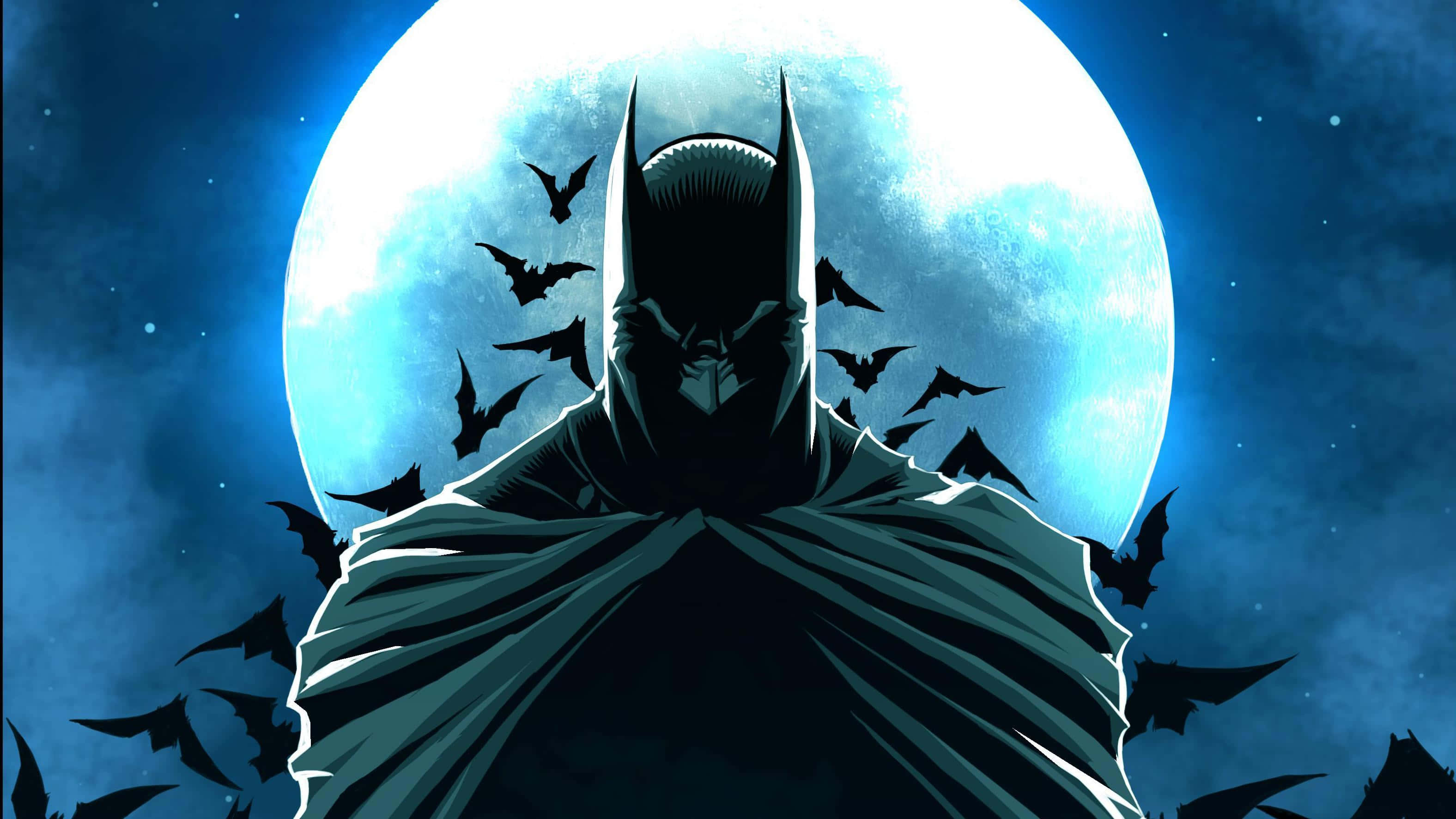 Bats 桌布 壁紙 — 蝙蝠俠在發光的滿月襯托下形成剪影，蝙蝠在他周圍飛翔，背景是深藍色的夜空。