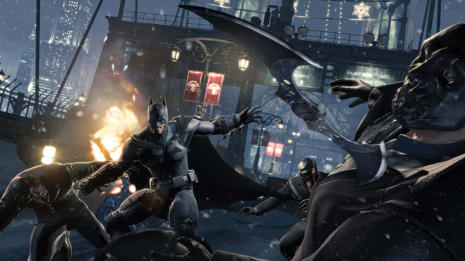 Batman Arkham Origins 桌布 壁紙 — 蝙蝠俠在積雪的城市小巷中與多名敵人戰鬥，伴隨著爆炸和霓虹燈光。