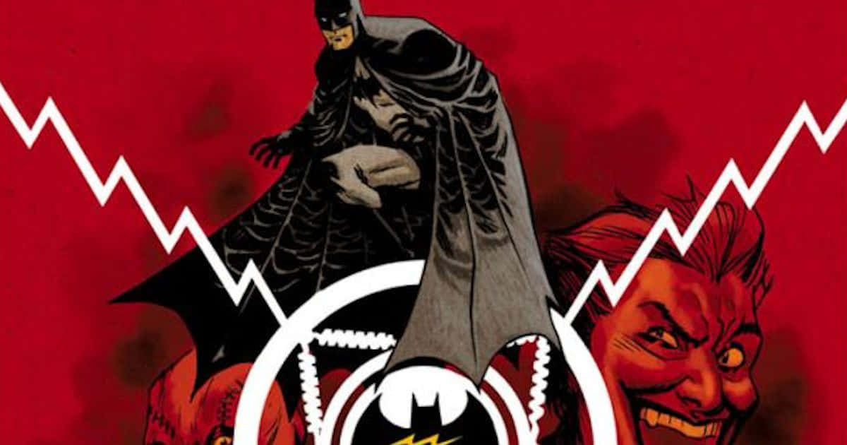 Batman Year One 桌布 壁紙 — 蝙蝠俠在紅色背景上威風凜凜地站立，一個咧嘴笑的惡棍從鋸齒狀的白色屏障後出現。