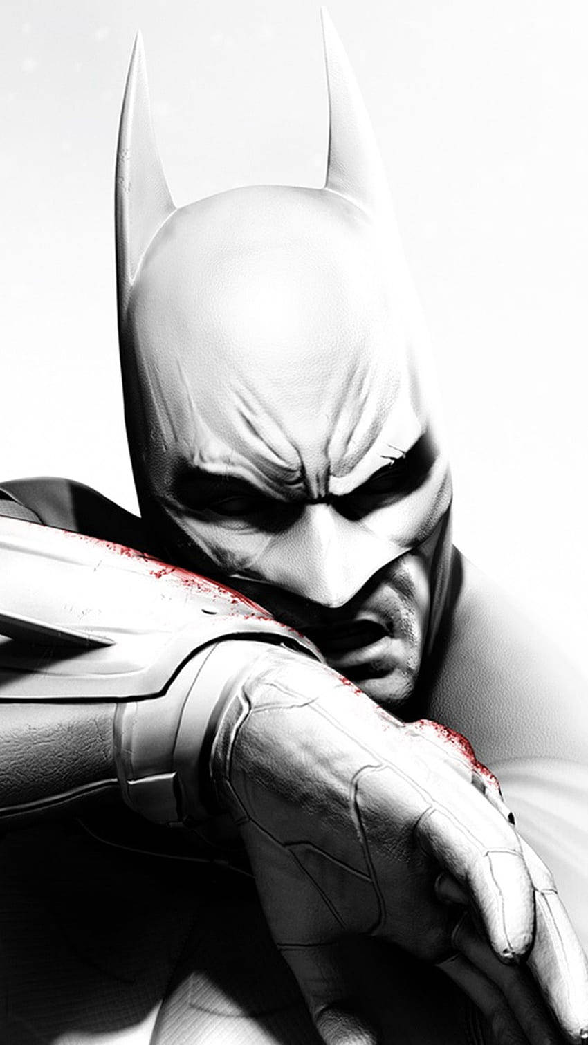 batman arkham city iPhone 桌布 壁紙 — 蝙蝠俠在純白背景上，手套沾血，凝視著前方。