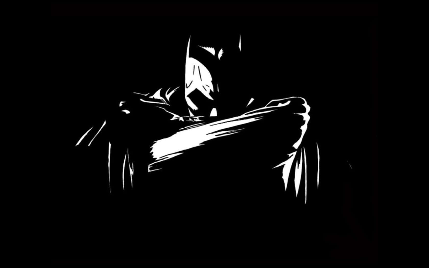 Batman Black And White 桌布 壁紙 — 蝙蝠俠在純黑色背景上以動態姿勢呈現的鮮明白色剪影。