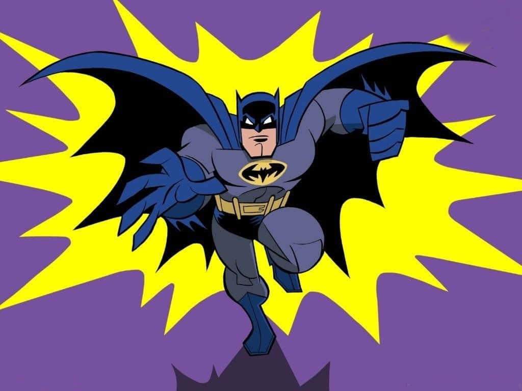Batman Cartoon 桌布 壁紙 — 蝙蝠俠在紫色背景上動態翱翔，伴隨著大膽的黃色漫畫風格爆發。