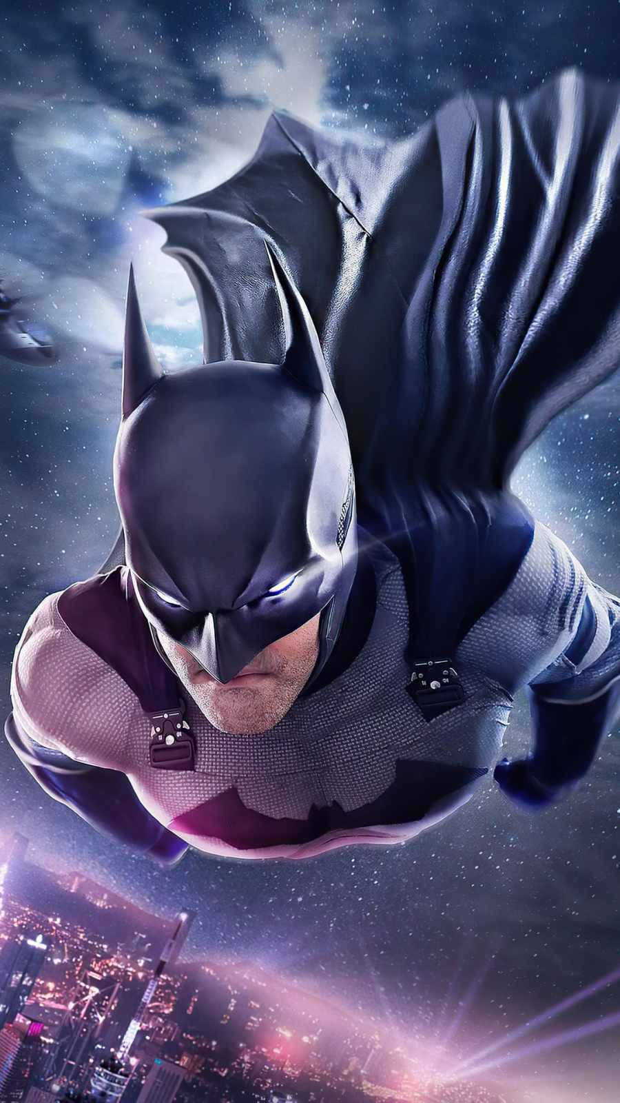 Arkham 桌布 壁紙 — 蝙蝠俠在繁星點點的夜空下，披風戲劇性地飄揚，翱翔於發光的城市景觀之上。