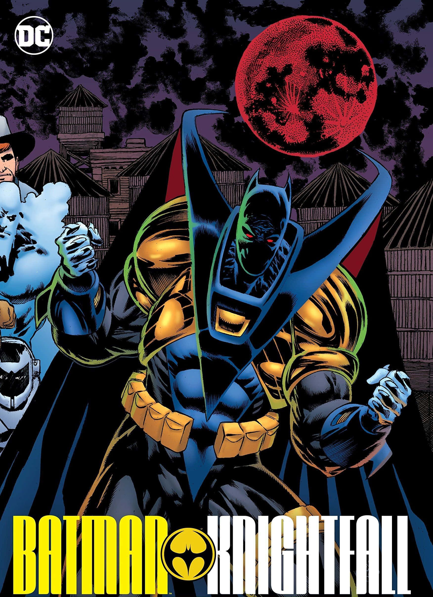Batman Knightfall 桌布 壁紙 — 蝙蝠俠在血紅月亮下挑釁地站立，來自Knightfall的粗獷漫畫封面。