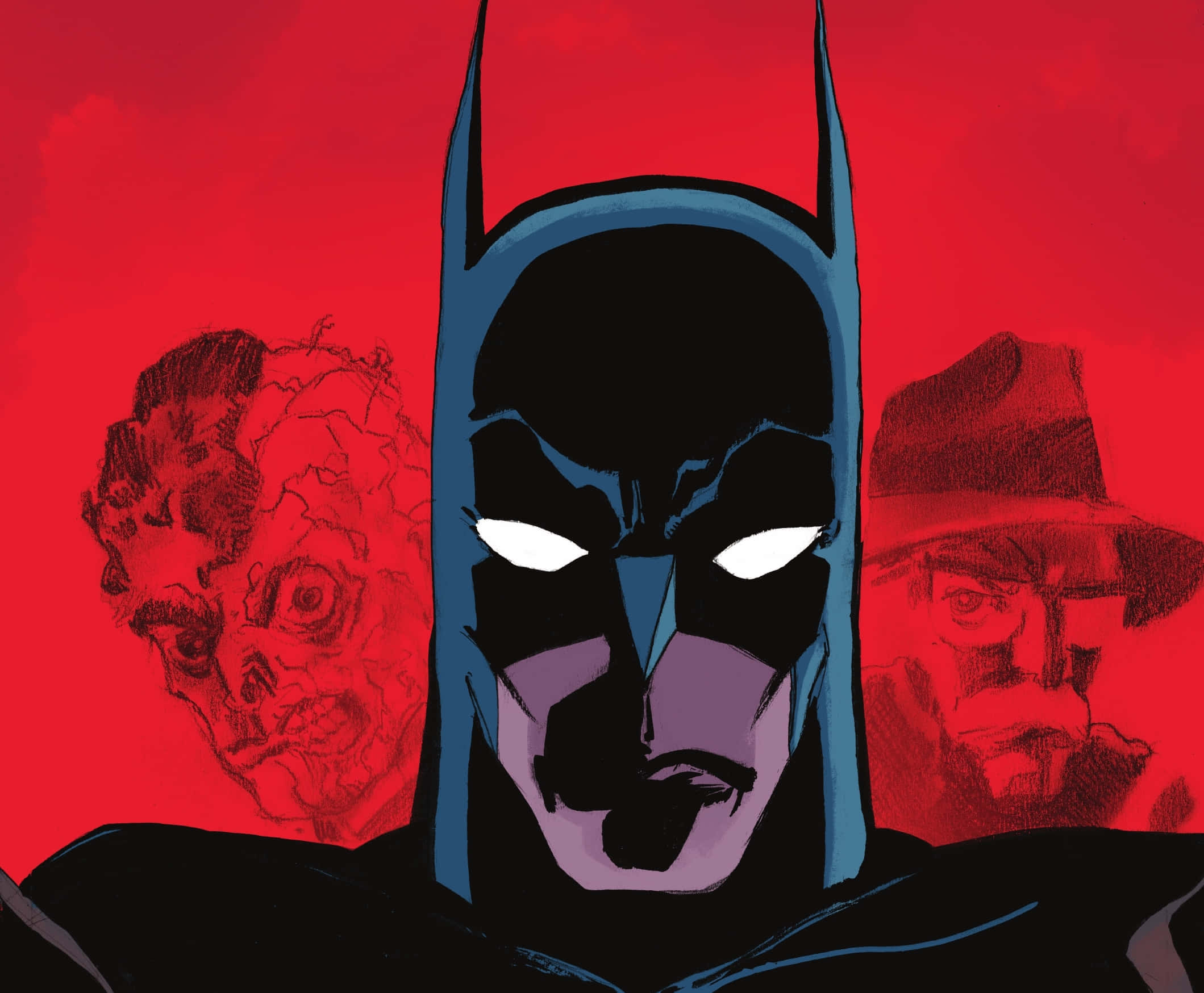 Batman The Long Halloween 桌布 壁紙 — 蝙蝠俠在血紅色背景前凝視，兩旁有令人毛骨悚然的小丑和哈維·丹特素描風格人物。