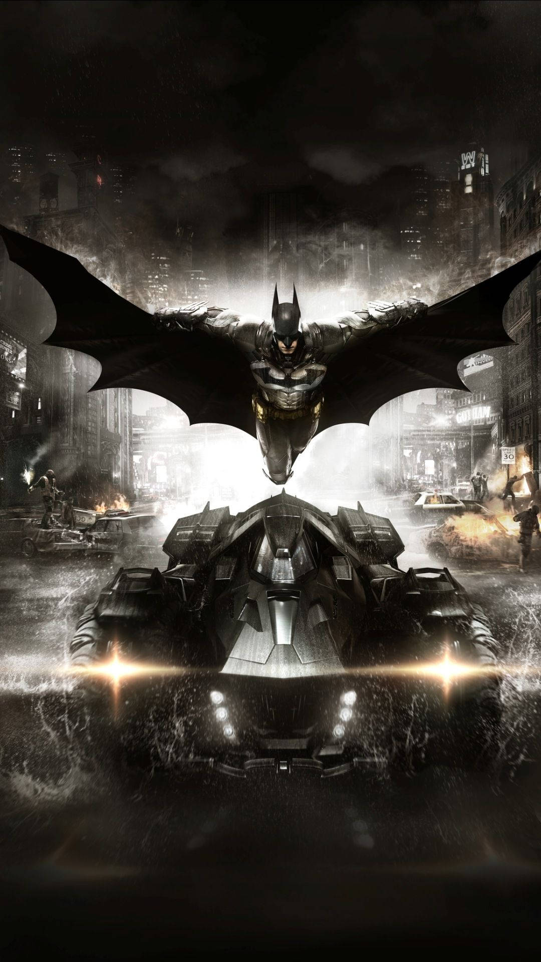 batman arkham city iPhone 桌布 壁紙 — 蝙蝠俠在裝甲蝙蝠車上方翱翔，背景是雨濕的高譚市夜景。
