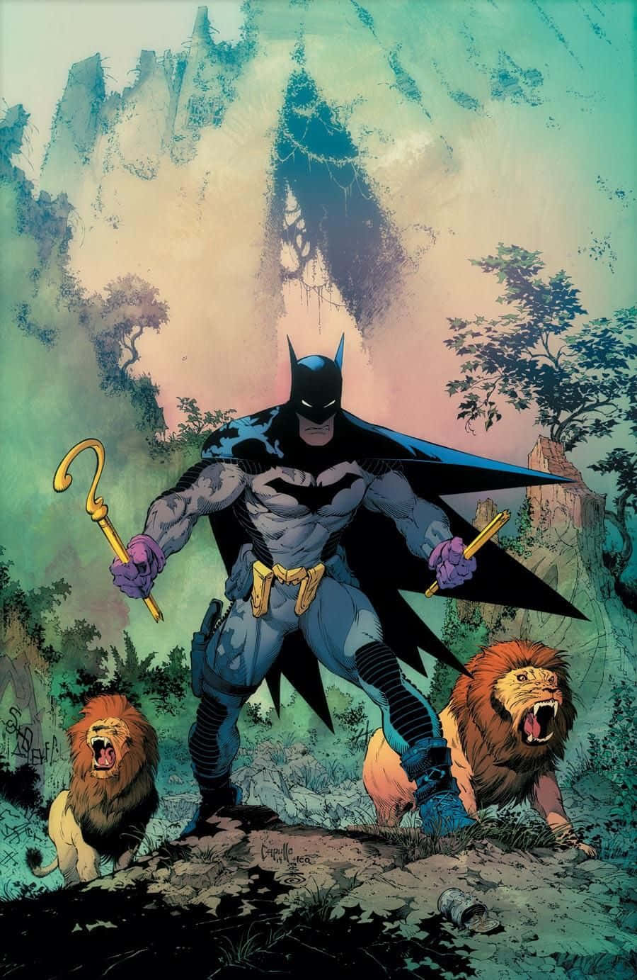 Batman The New 52 桌布 壁紙 — 蝙蝠俠在迷霧森林中，背景是破舊城堡，挑釁地站在兩頭咆哮的獅子之間。