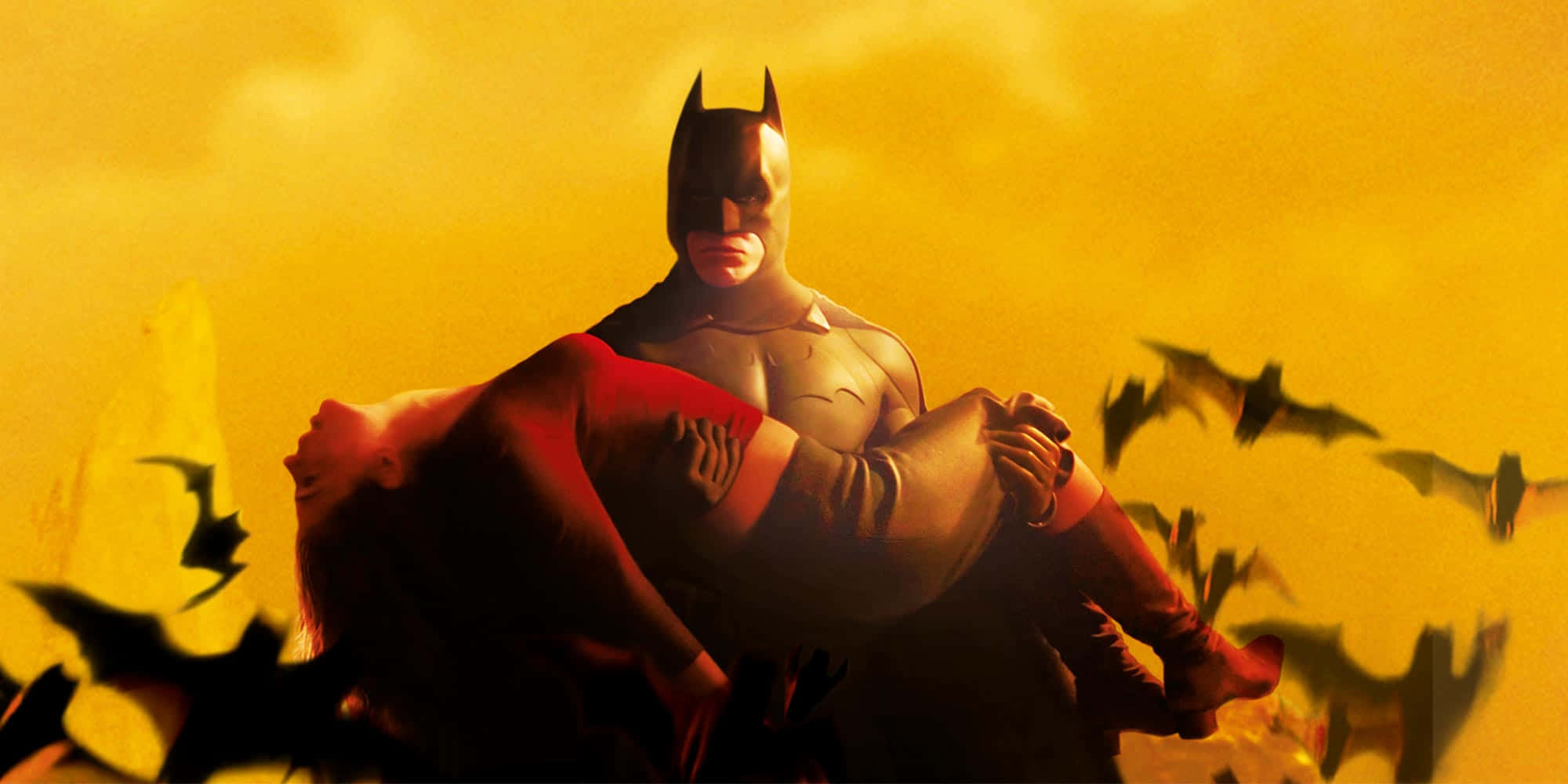 Batman Begins 桌布 壁紙 — 蝙蝠俠在金色天空中懷抱著一個無力的身影，蝙蝠在他周圍成群飛舞，形成一個戲劇性的電影場景。