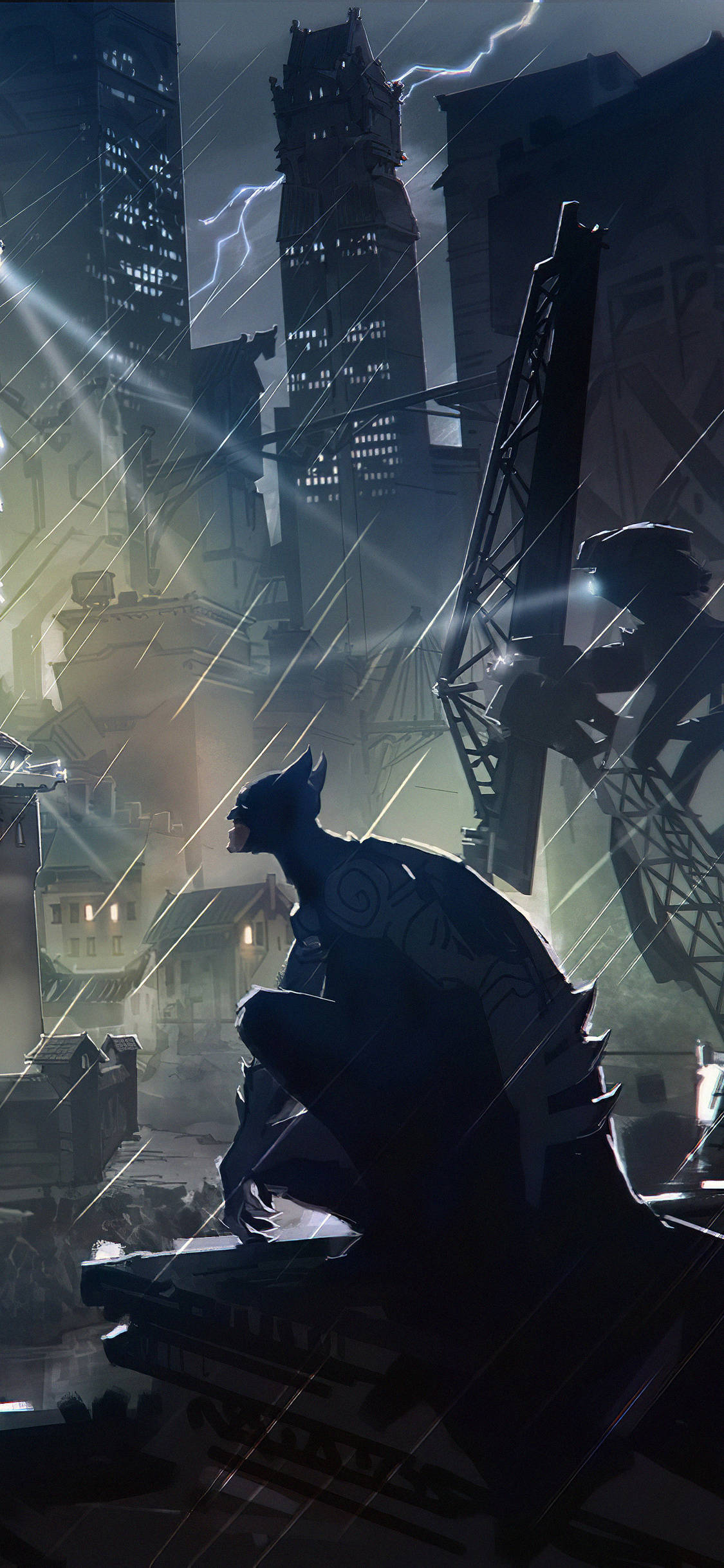 Arkham 桌布 壁紙 — 蝙蝠俠在閃電下蹲在濕滑的屋頂上，摩天大樓在暴風雨的夜晚中若隱若現。