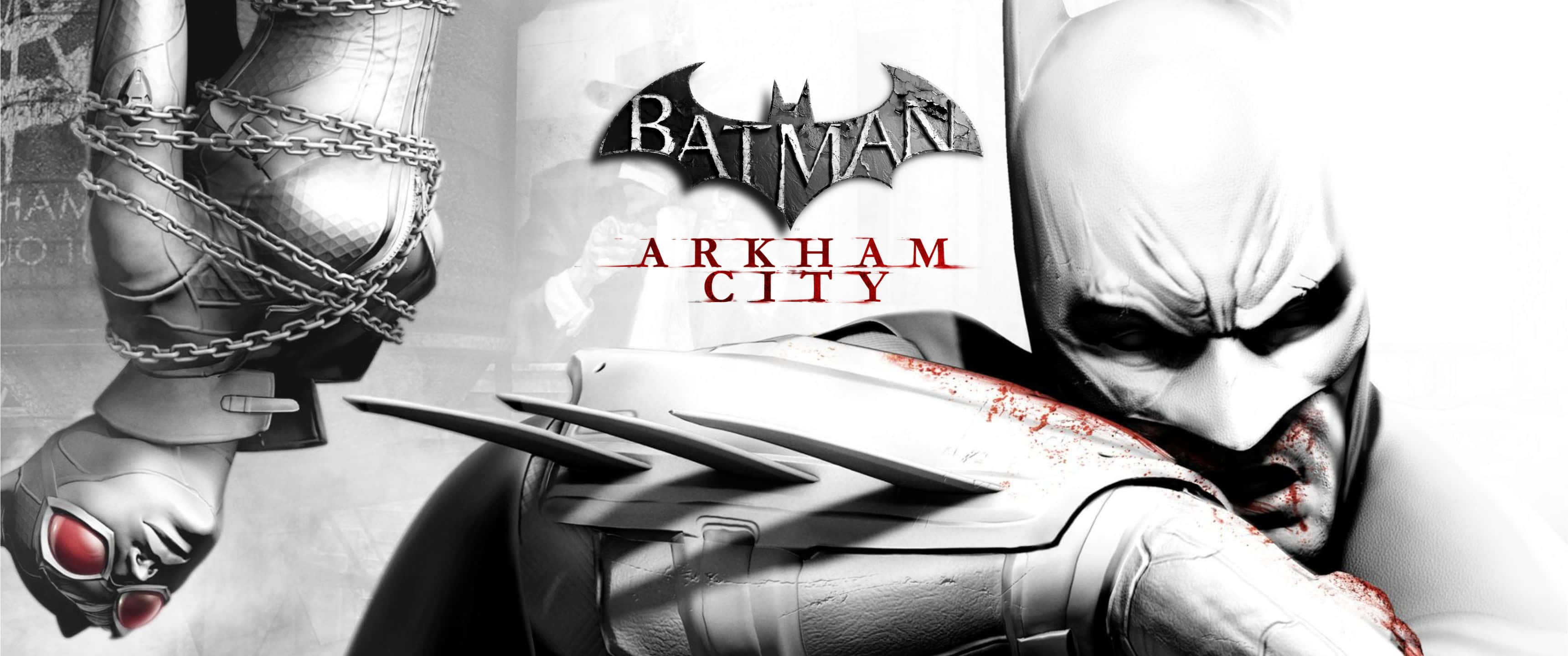 3440x1440p Batman Arkham City 桌布 壁紙 — 蝙蝠俠在阿卡姆城市中，滿臉鮮血，雙手被鎖鏈束縛，背景是粗糙的城市景觀。