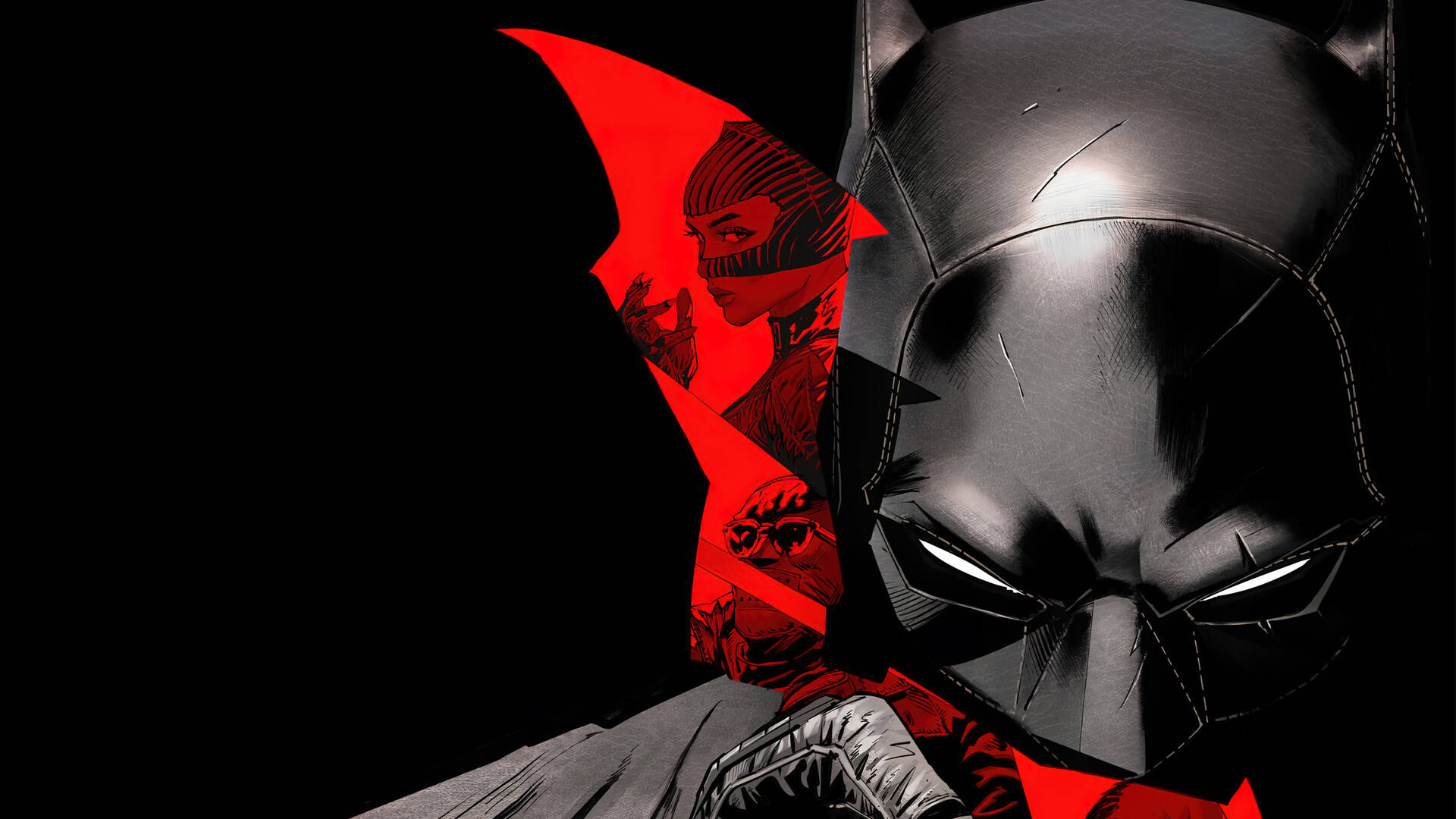 The Batman 桌布 壁紙 — 蝙蝠俠在陰影中若隱若現，雙眼發光，一個紅色蝙蝠標誌揭示了他身後一個戴面具的女人。